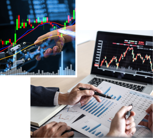 Stock market charts and investors reviewing financial data